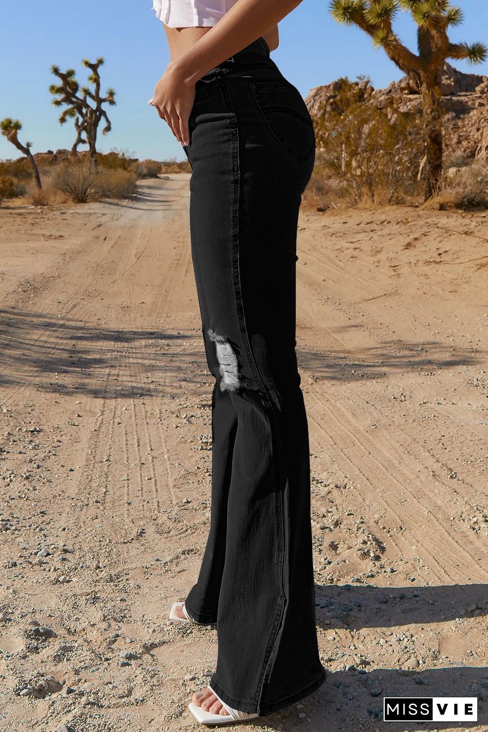 Black Ripped Slit Legs Flare Jeans