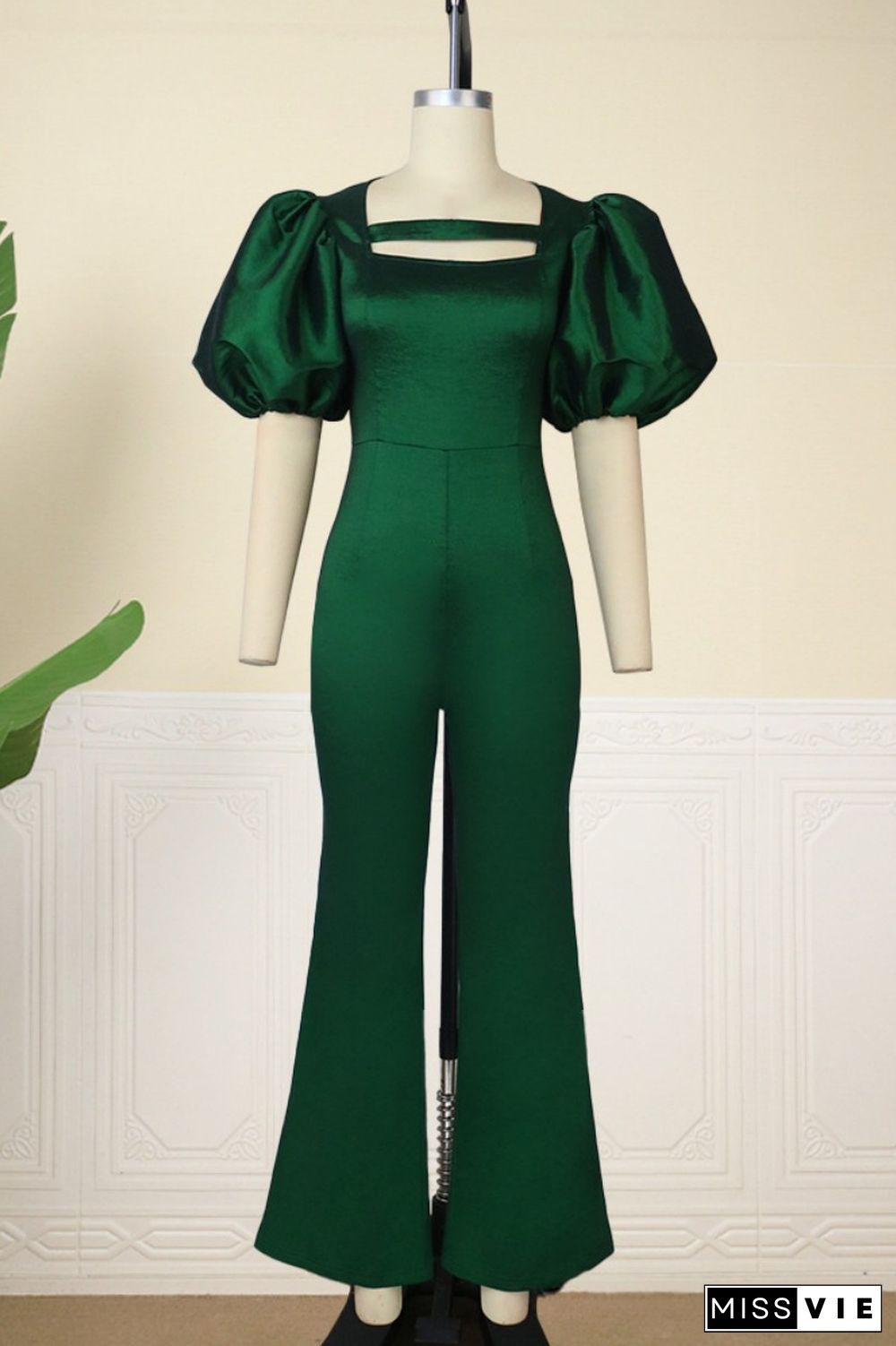 Green Casual Solid Hollowed Out Patchwork Square Collar Regular Jumpsuits