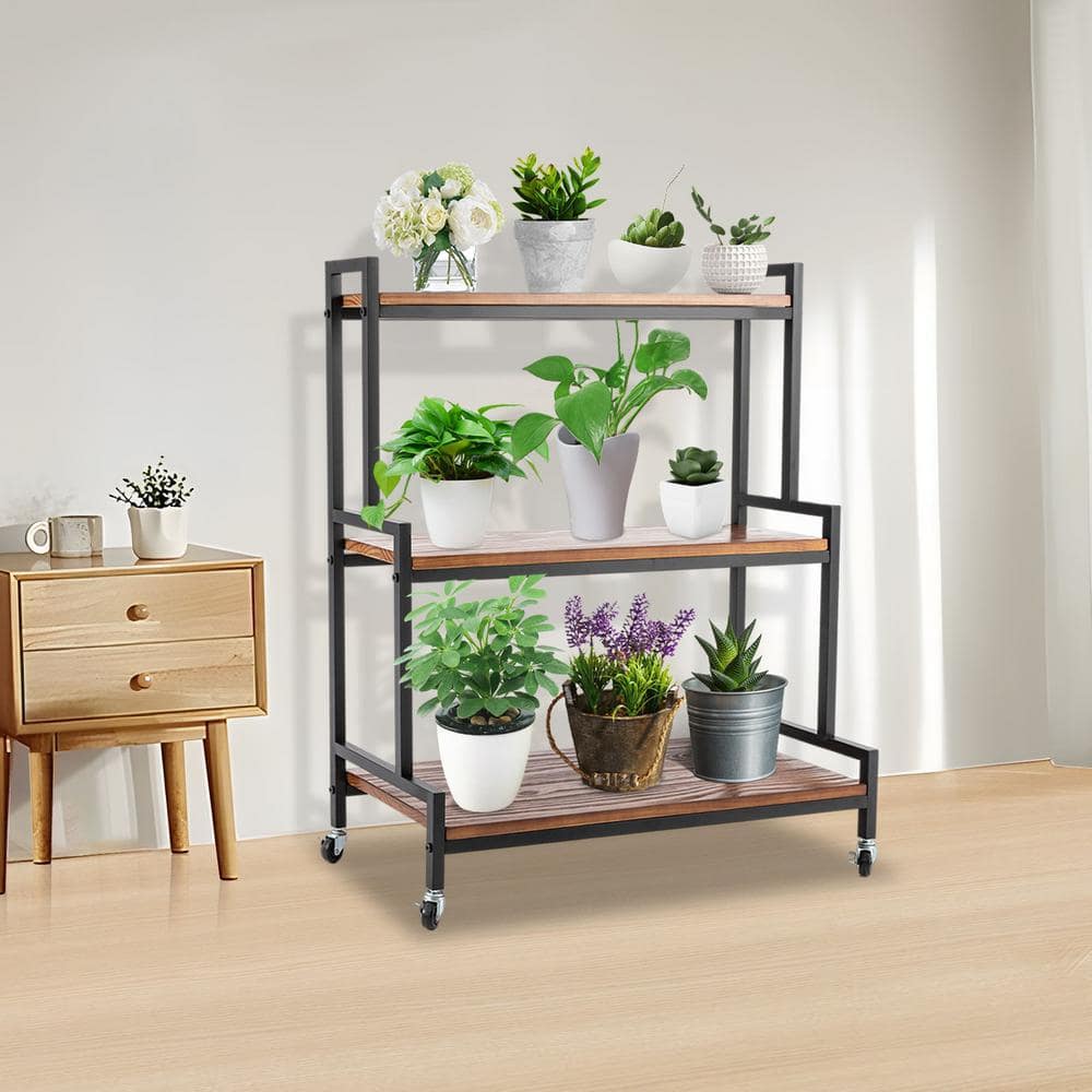 YIYIBYUS 37 in. x 31.1 in. x 13.8 in. Brown Metal Plant Stand with Wheels Indoor Outdoor Ladder Plant Flower Shelf Rack YLJHFWX8WDZJ8