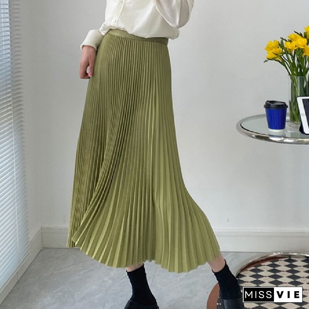 Vintage Solid Elastic Waist Pleated Skirt For Women Summer Skirt New Casual Folds Draped High Waist Slim A-line Long Skirt