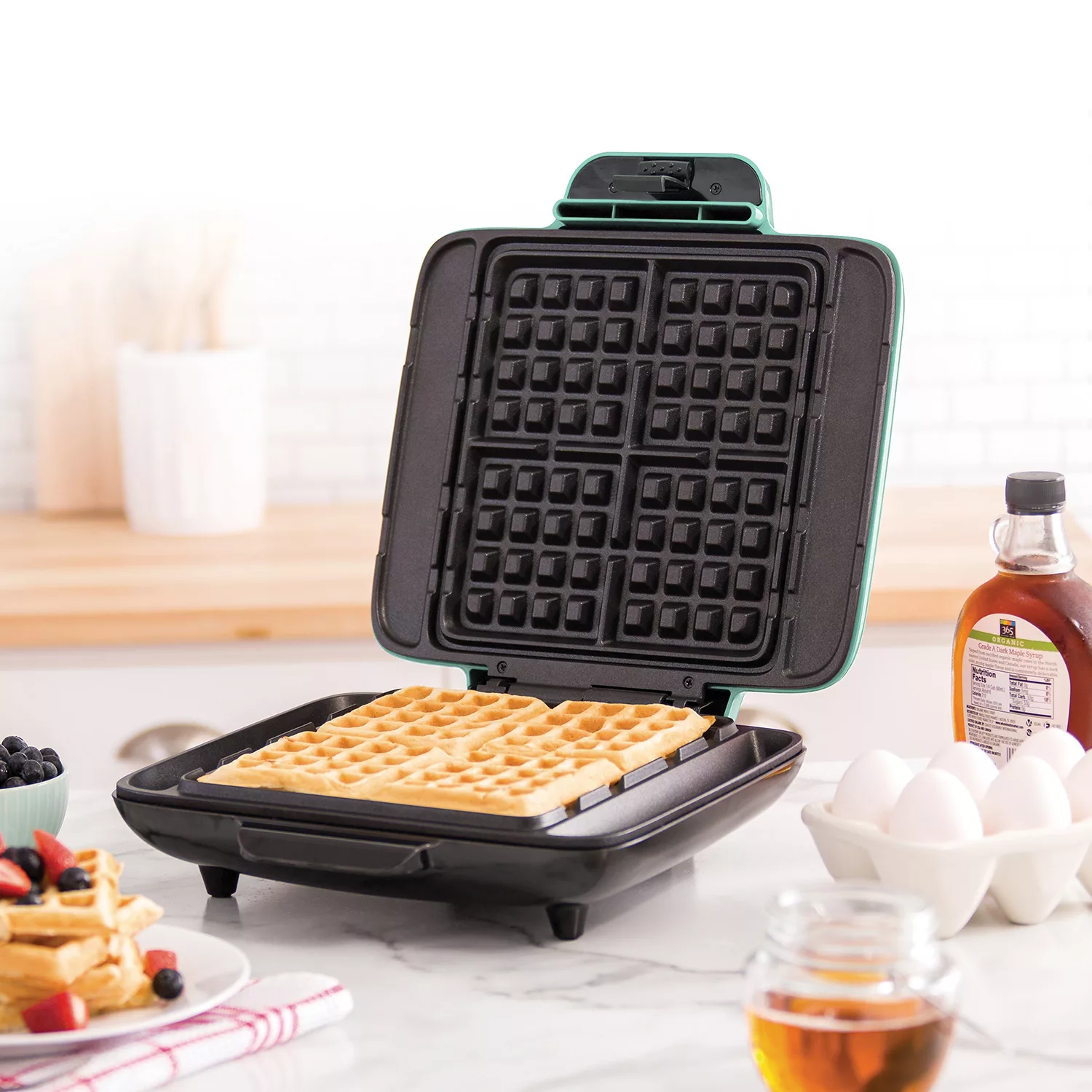 DASH No-Drip Belgian Waffle Maker: Waffle Iron 1200W + Waffle Maker Machine - Aqua