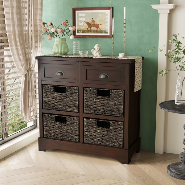 Rustic Storage Cabinet with Two Drawers and Four Classic Rattan Basket for Dining Room/Living Room