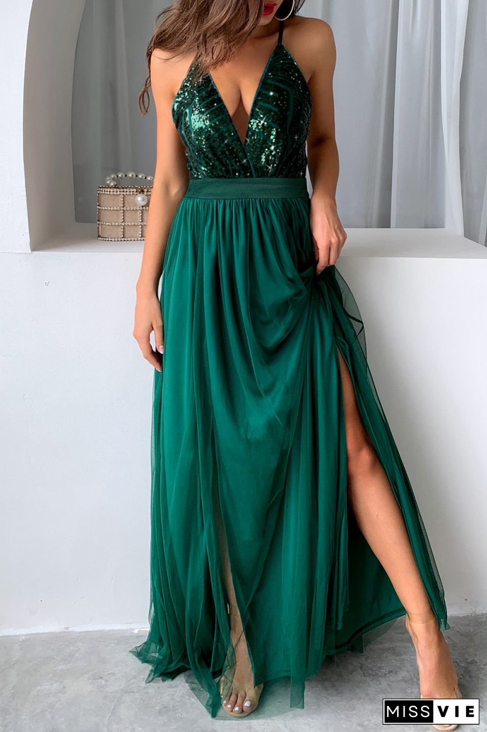 Ink Green Sexy Formal Patchwork Sequins Backless Slit Spaghetti Strap Evening Dress Dresses