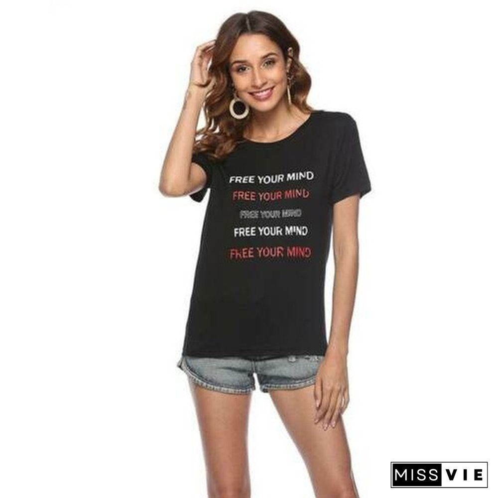 Letters Print T-shirt Women Summer Short Sleeve O-Neck Top Tees Casual T Shirt