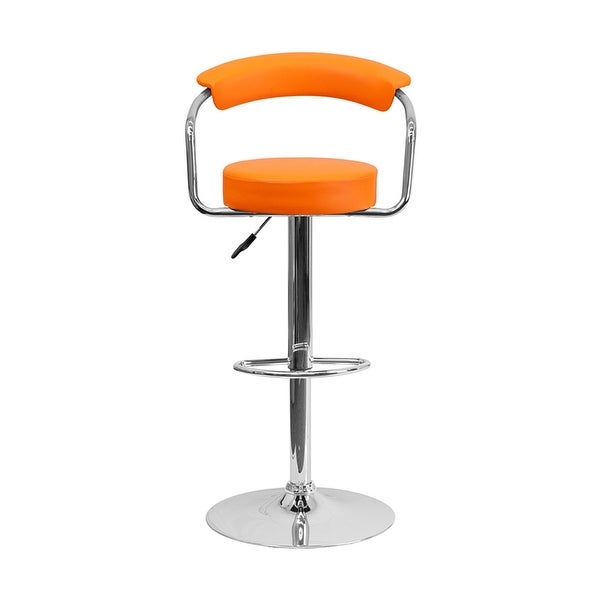 Offex Contemporary Orange Vinyl Adjustable Height Bar Stool With Arms And Chrome Base