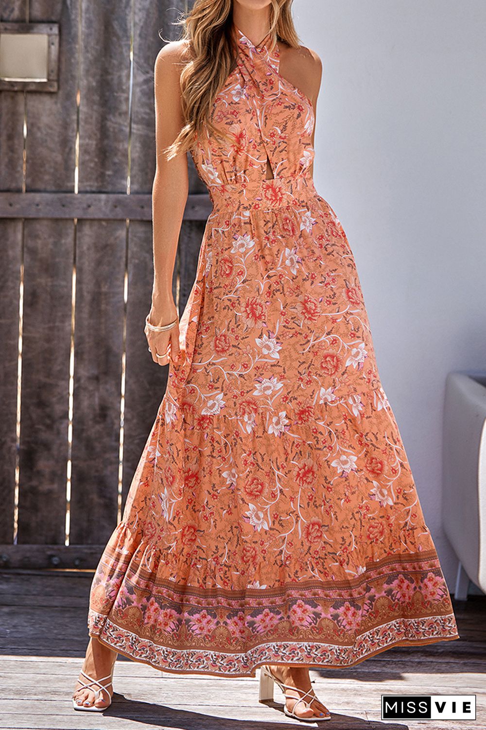 Halter Backless Bohemian Floral Maxi Dress