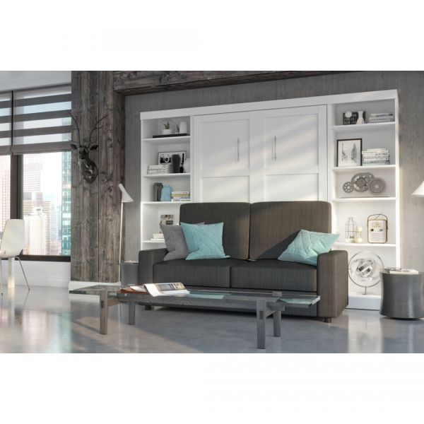 Bestar Pur by Bestar 4-Piece Full Wall Bed， Two Storage Units and Sofa Set - White and Grey