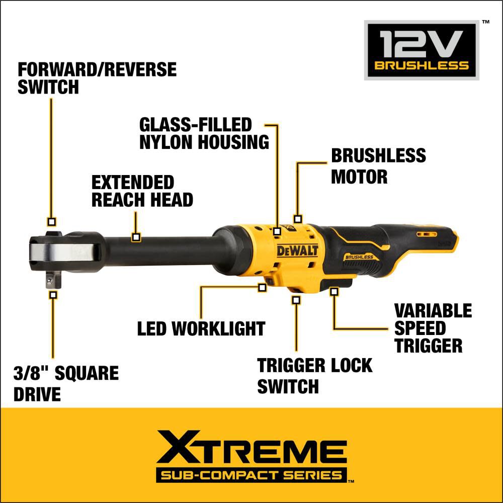 DEWALT XTREME 12V MAX* 3/8" Extended Reach Ratchet Brushless Bare Tool DCF503EB from DEWALT