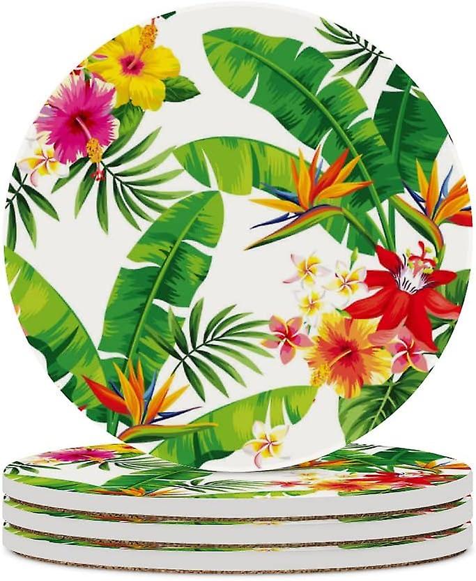 1pc Round Summer Palm Leaves And Tropical Flowers Ceramic Coasters With Cork-backed For Coffee Drink Cup Mat Absorbent Stone Coasters