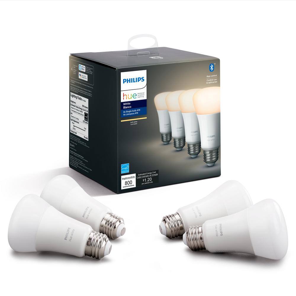 Philips Hue 60-Watt Equivalent Soft White A19 Dimmable LED Smart Light Bulb 2700K (4-Pack) 476977