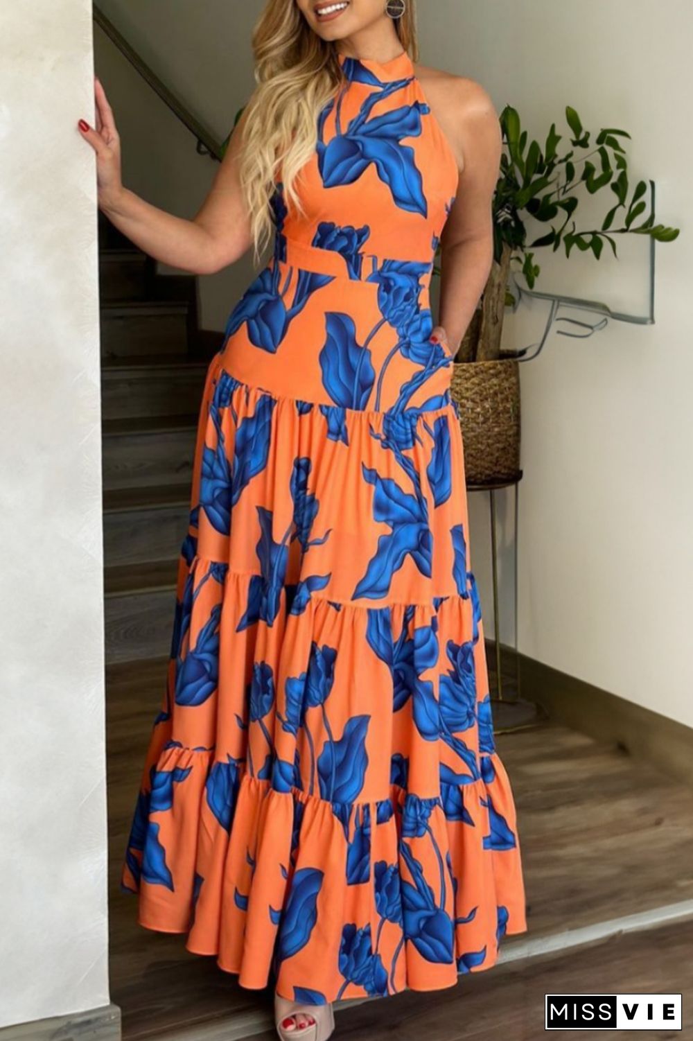 Casual Print Backless Halter Long Dress Dresses