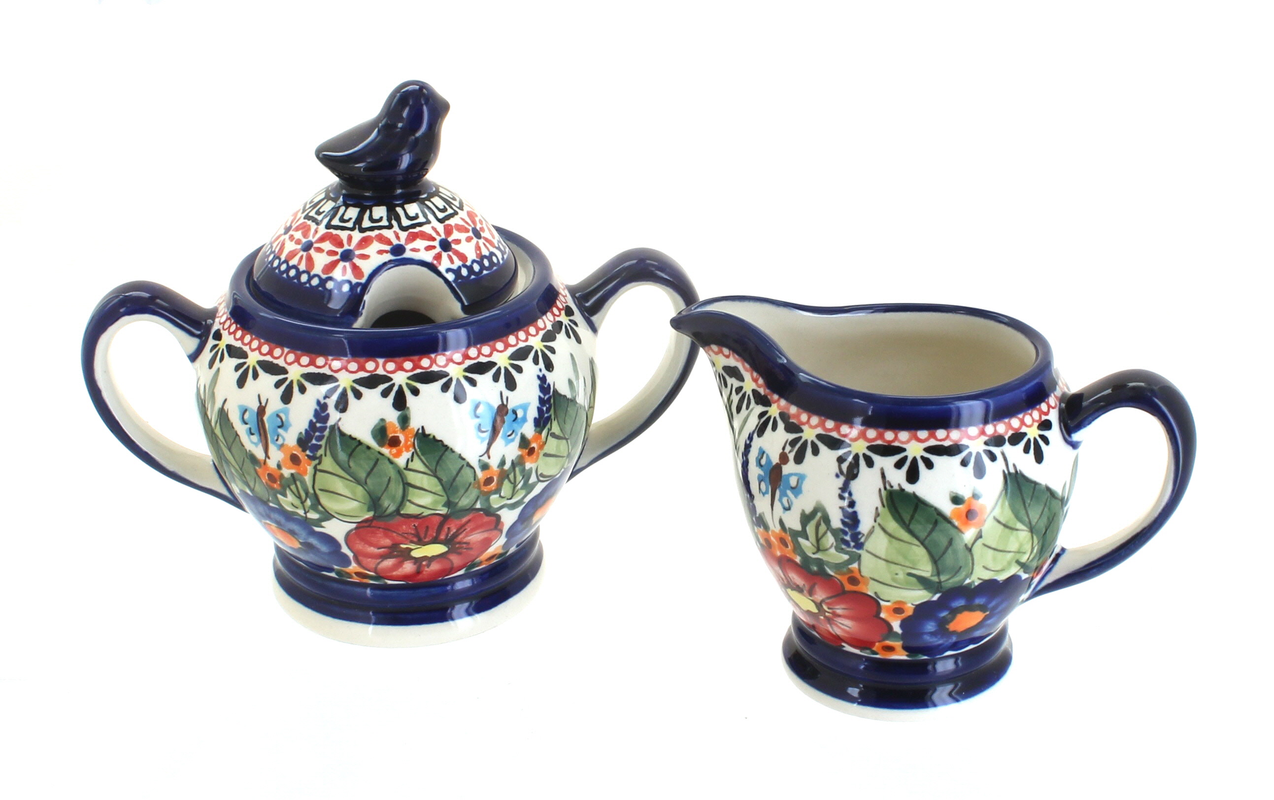 Blue Rose Polish Pottery Floral Butterfly Cream and Sugar Set