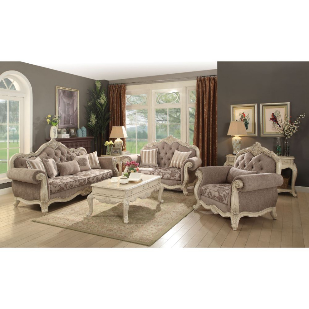 Acme Ragenardus Loveseat With 2 Pillows Gray Fabric and Antique White   Victorian   Loveseats   by AMOC  Houzz