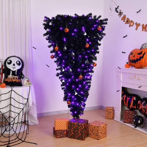 6 Ft Prelit Upside Down Artificial Christmas Tree Black Halloween Tree with 250 Purple Lights