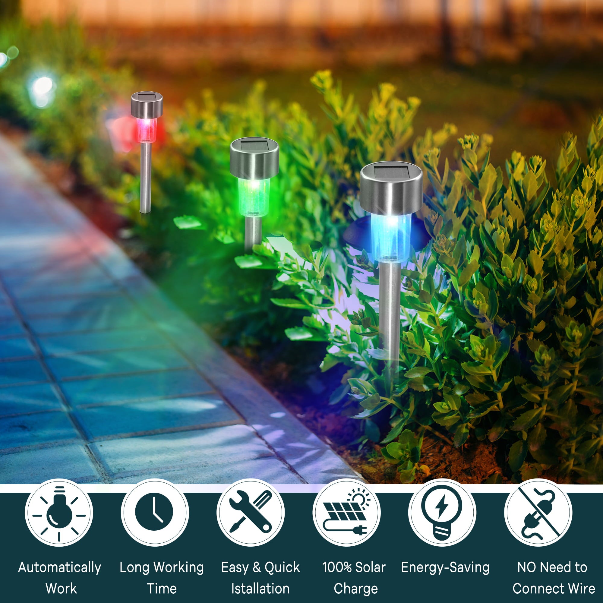 TOANEL 24PCS Solar Lights Outdoor Solar Landscape Light Pathway Light LED Lawn Lamp Seal Stainless Steel Sidwalk Lights Solar Powered Garden Lights for Patio Path Garden Decor (RGB Light)