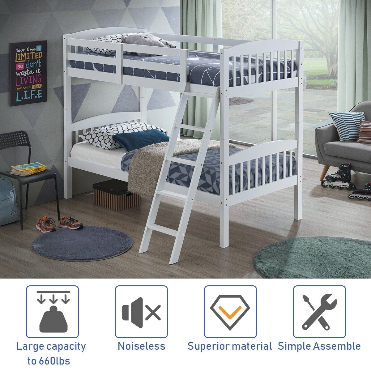 Costzon Twin Over Twin Bunk Beds, Convertible Into Two Individual Solid Rubberwood Beds (White)