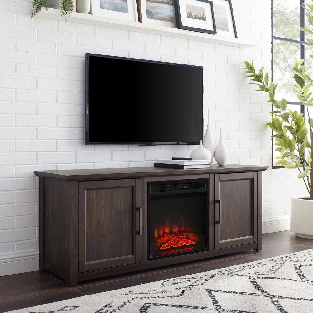 CROSLEY FURNITURE Camden Dark Walnut 58 in. Low Profile TV Stand with Fireplace Fits 60 in. TV with Cable Management KF100558DW