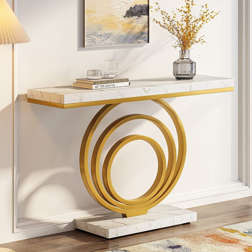 41 Inch Faux Marble White Console Table with Gold Ring Base