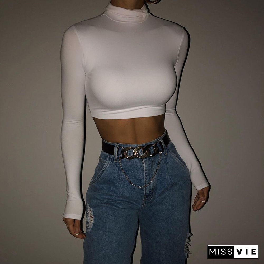 Basic Sheath Women Solid Turtleneck Tshirt Autumn Stretch Casual Undershirt Female All-match Street Activity Crop Tops