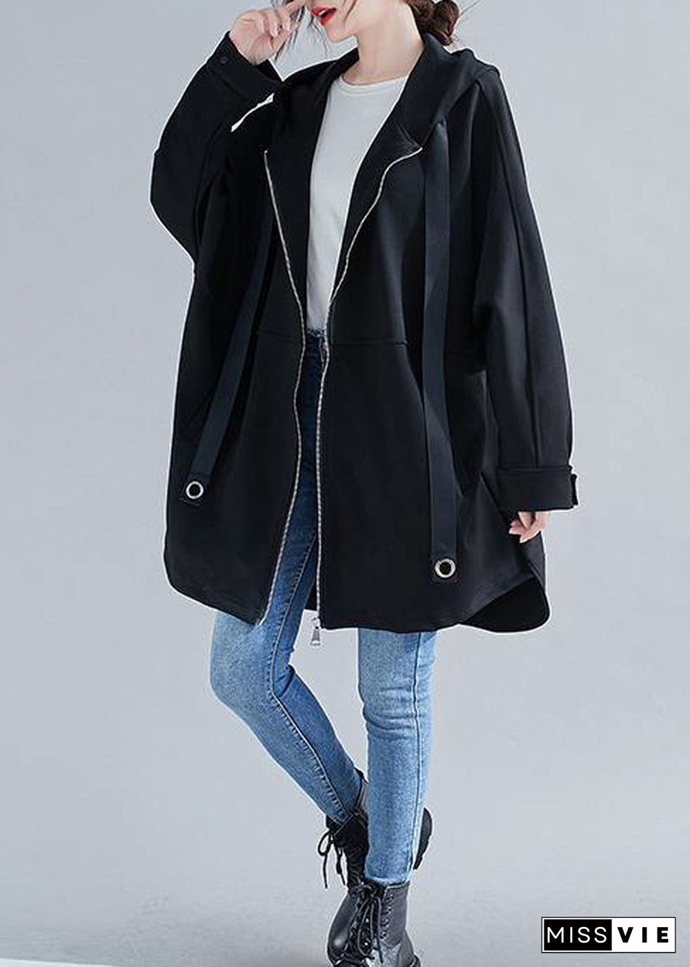 Style hooded zippered Plus Size coats women blouses black oversized outwears