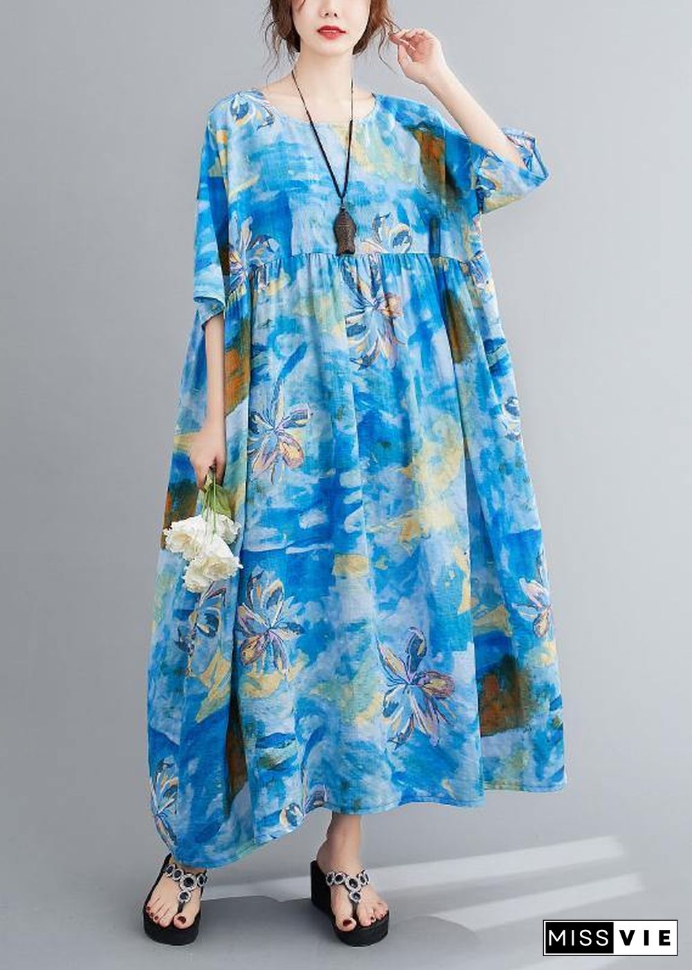 Loose o neck Cinched summer clothes blue print Maxi Dresses