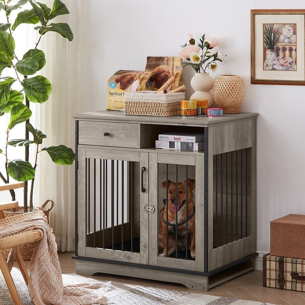 Industrial Furniture Style Dog Crate Dog Kennel with Loackable Door and Removable Bottom Tray， Side Table End Table with Storage