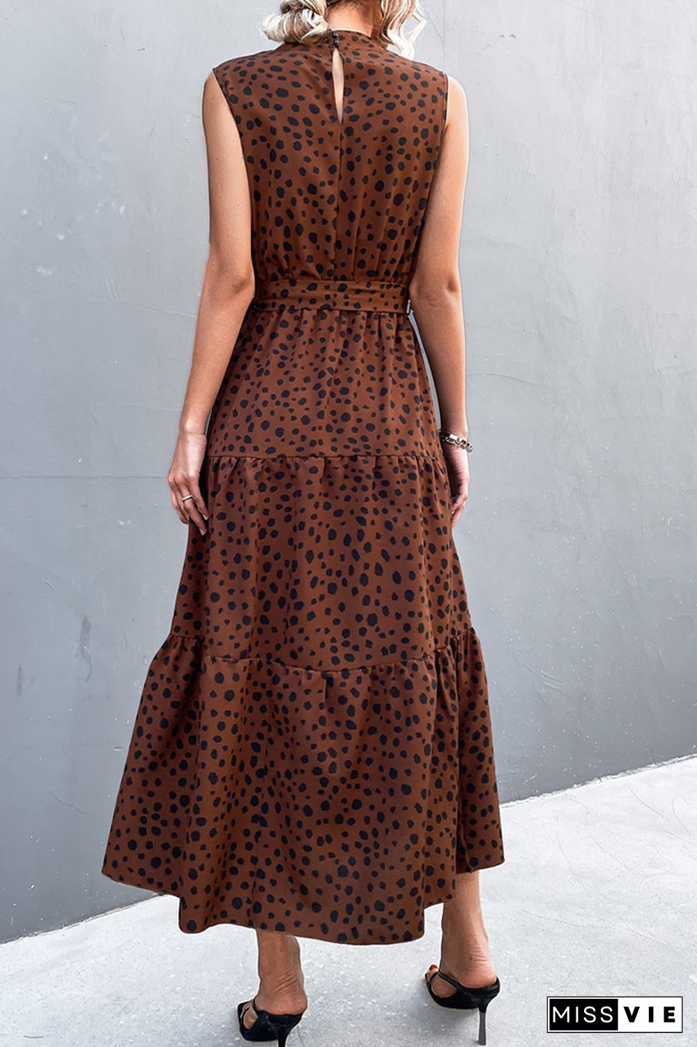 Sleeveless Leopard Printed Long Dress With Belt Wholesale