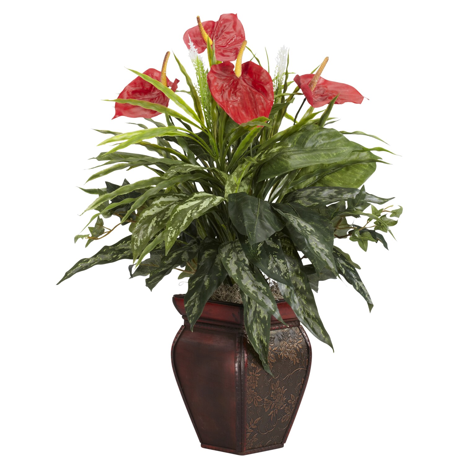 Mixed Greens and Anthurium with Decorative Vase Silk Plant