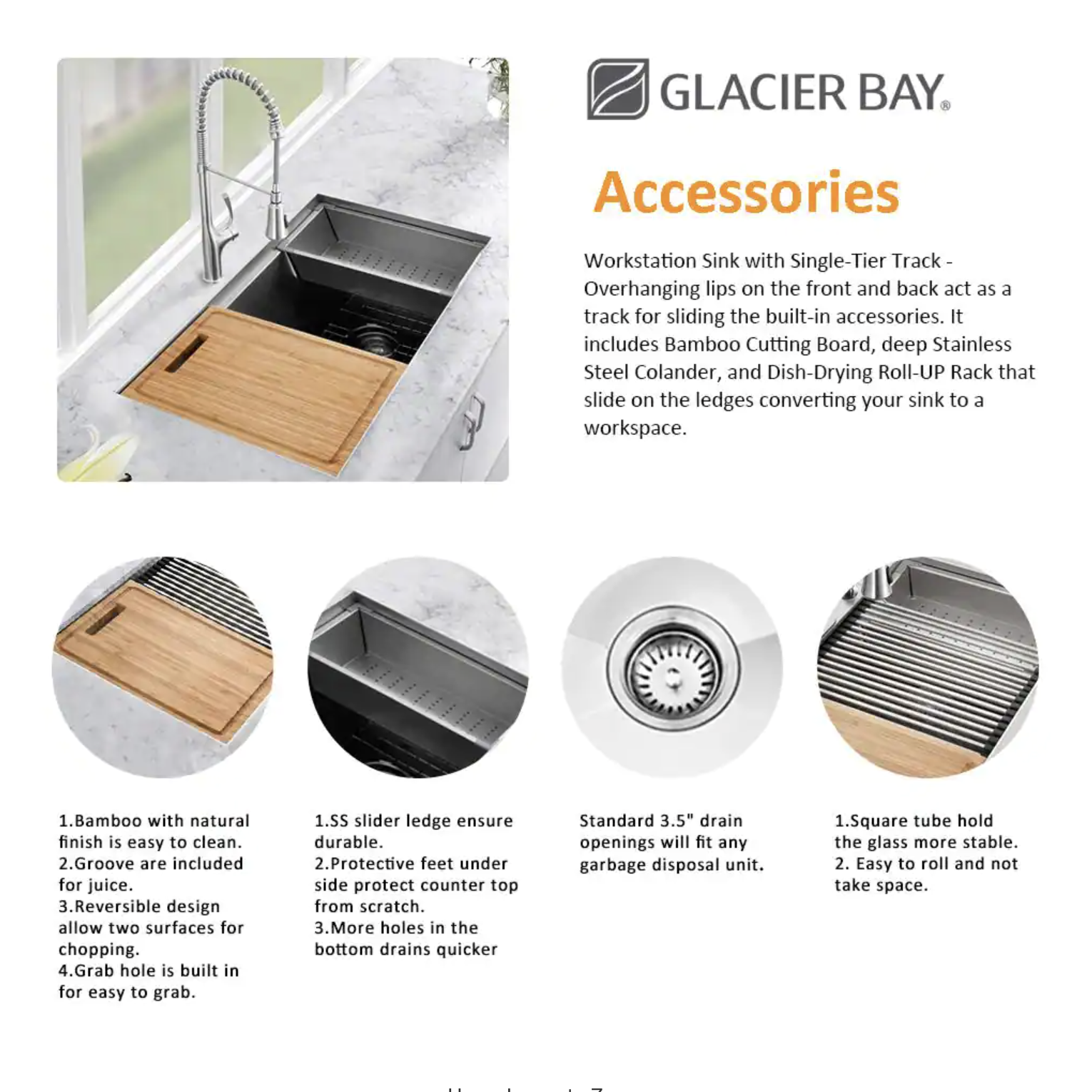 Glacier Bay 4311F Zero Radius Farmhouse Apron-Front 18G Stainless Steel 30 in. Single Bowl Workstation Kitchen Sink with Accessories