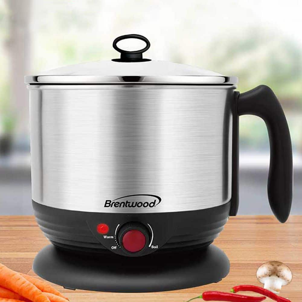 Brentwood Stainless Steel 1.3 qt. Cordless Electric Hot Pot Slow Cooker and Food Steamer in Black 985117917M