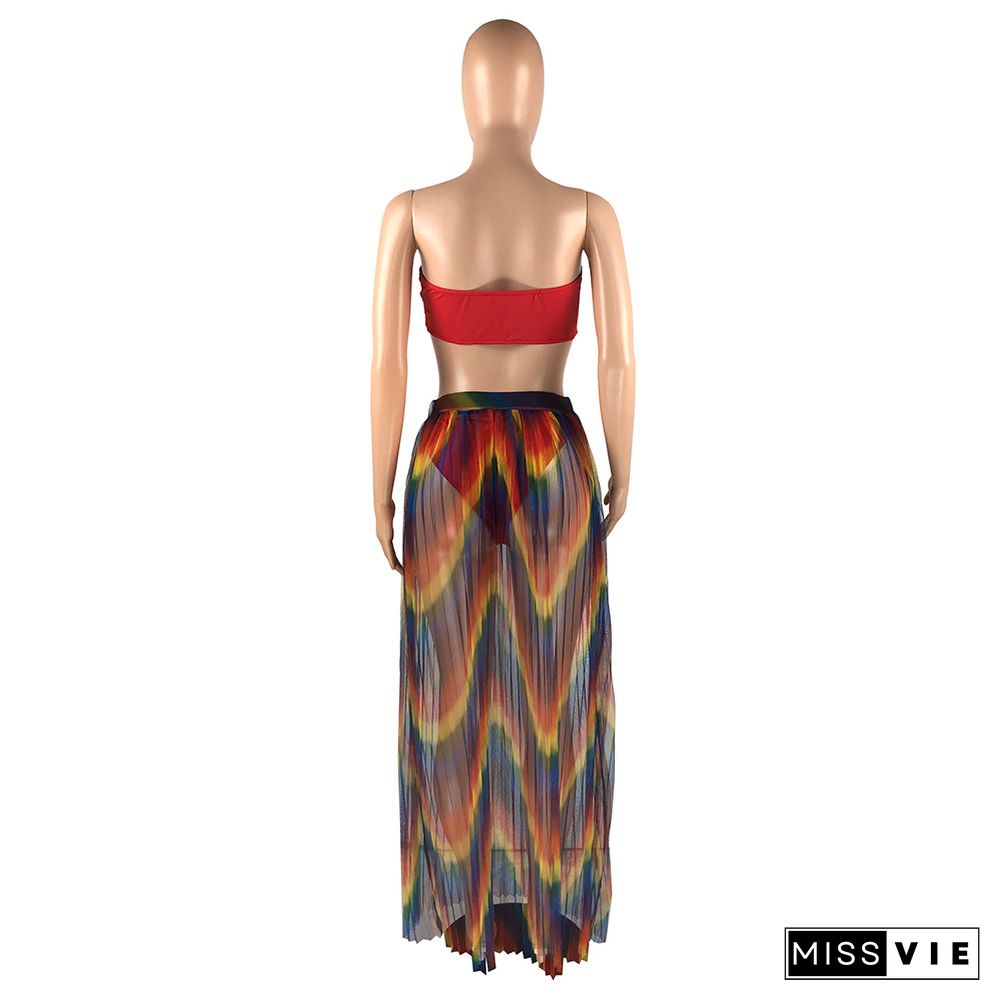 Sexy Off The Shoulder Wrap Chest Crop Top+Underpants+Rainbow Ruched Maxi Skirts Summer Bohemian 3 Piece Set