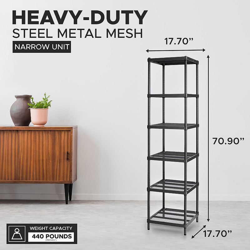 Design Ideas Meshworks 6 Tier Tower Metal Storage Shelving Unit Rack， Black