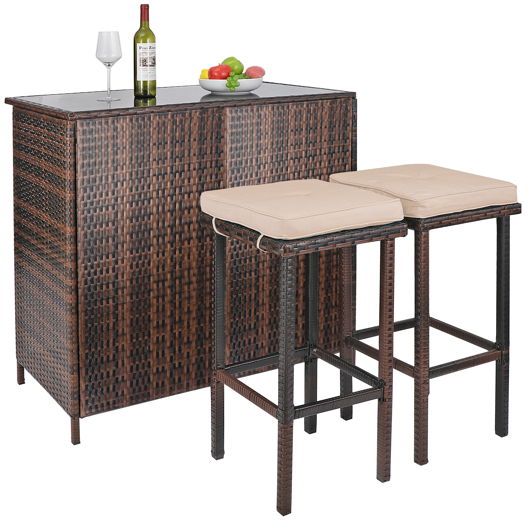 Outdoor Bar Furniture， 3 Piece Patio Bar Set， Brown Rattan Bar with Storage， 2 Brown Stool Cushions