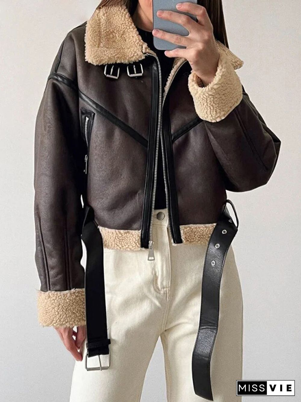 Lambswool Lined Leather Splice Short Jacket