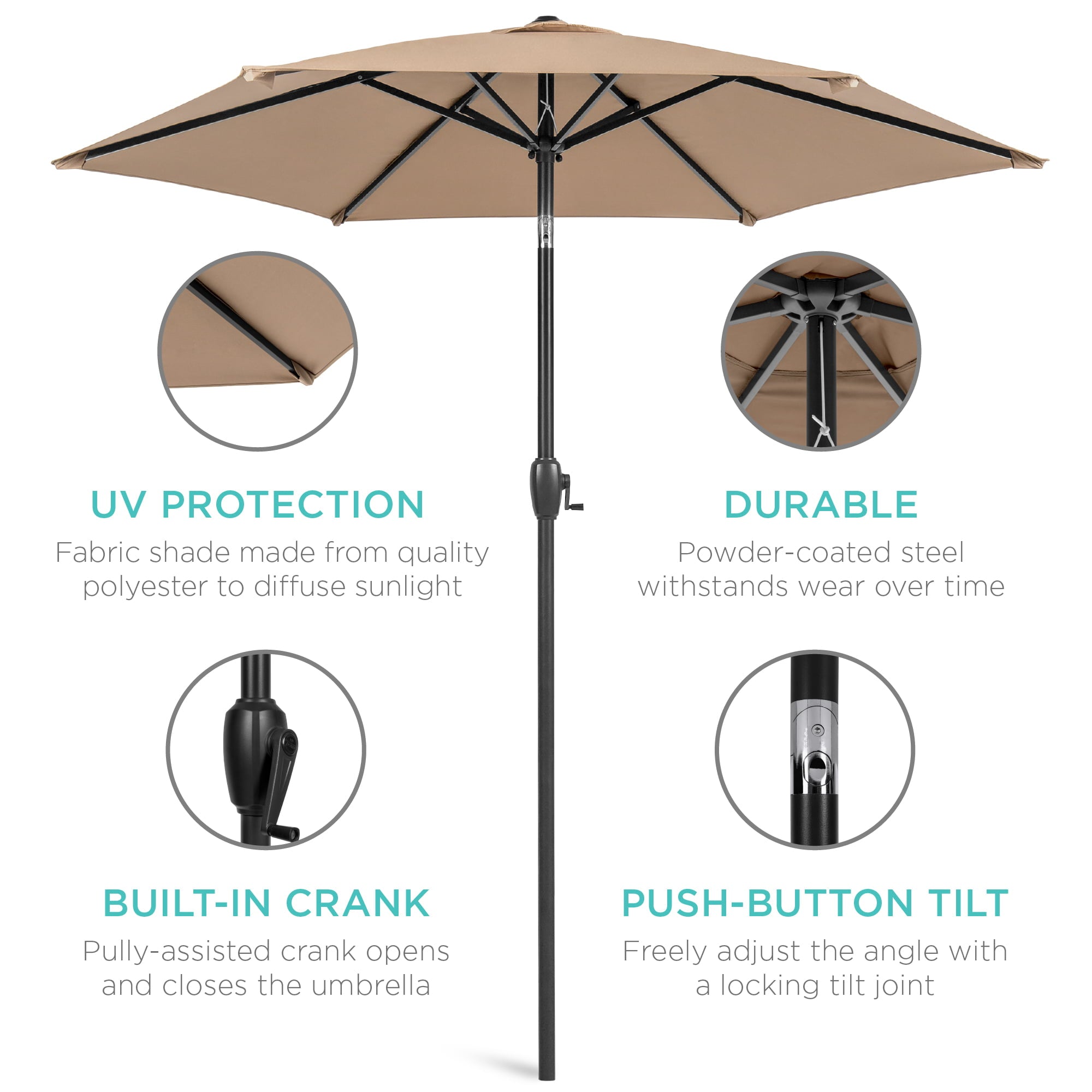 Best Choice Products 7.5ft Heavy-Duty Outdoor Market Patio Umbrella w/ Push Button Tilt, Easy Crank Lift, Tan