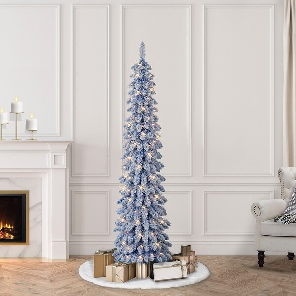 Puleo International 6 ft. PreLit Flocked Blue Artificial Alpine Pencil Tree