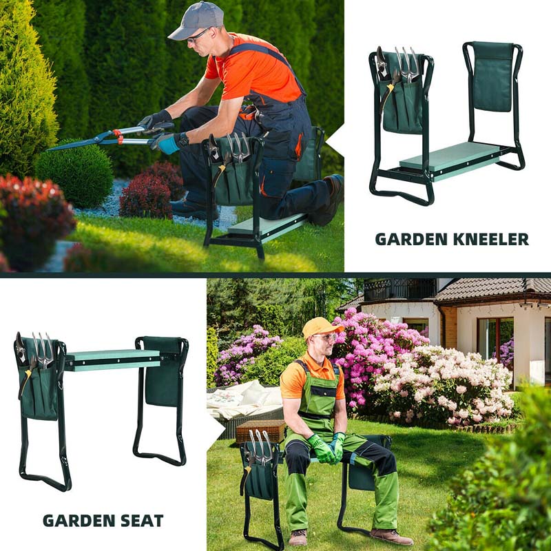 Folding Gardening Seat and Kneeler Bench, Portable Garden Stool with Tool Pouches & Soft Eva Pad Seat