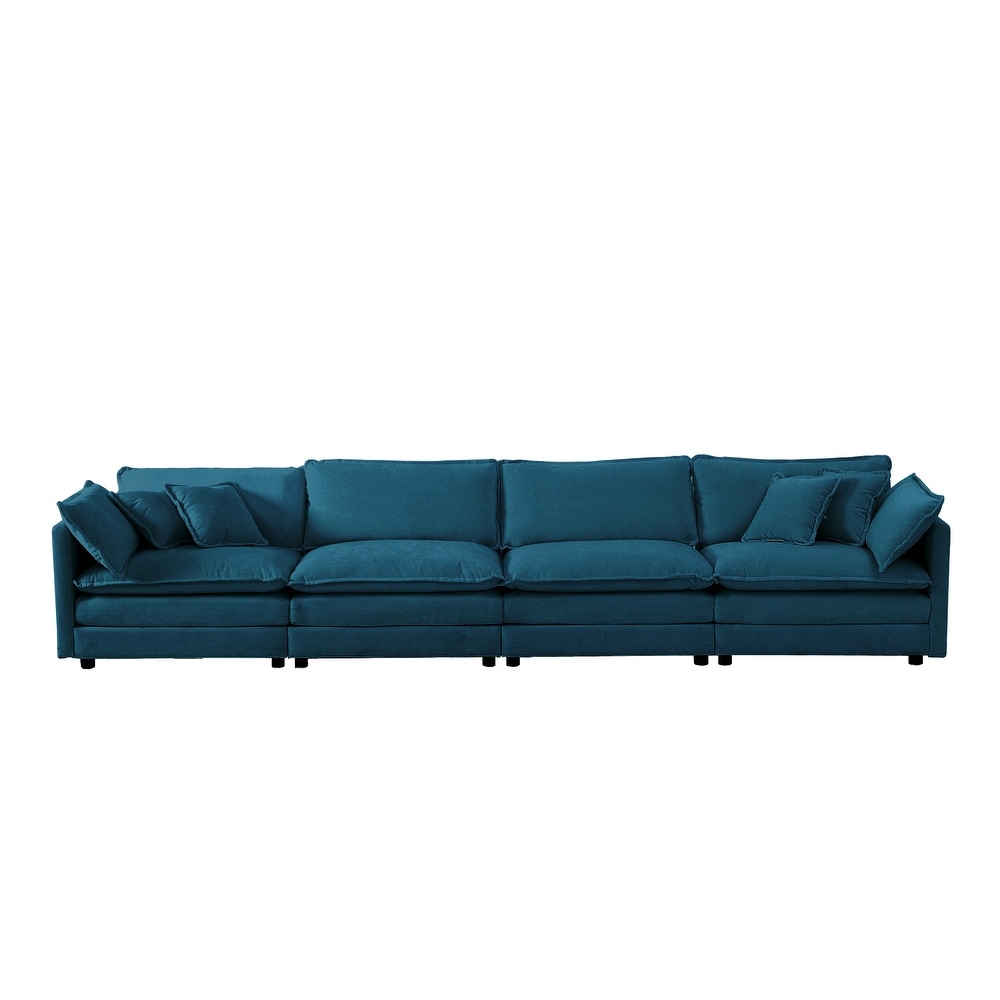 4 seat Straight Row Sofa  Deep Seat Sofa w/ 2 Armrest Pillows   4 Toss Pillows  Chenille Couch with Removable Cushions  Blue