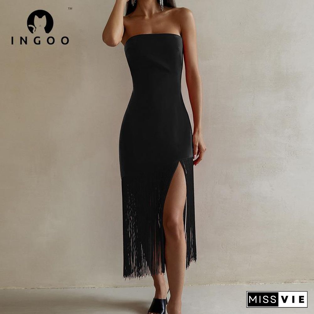 INGOO Black Fringe Sexy Tube Dress Bodycon Sleeveless Women Summer Long Dress Evening Elegant White Backless Party Club Outfits