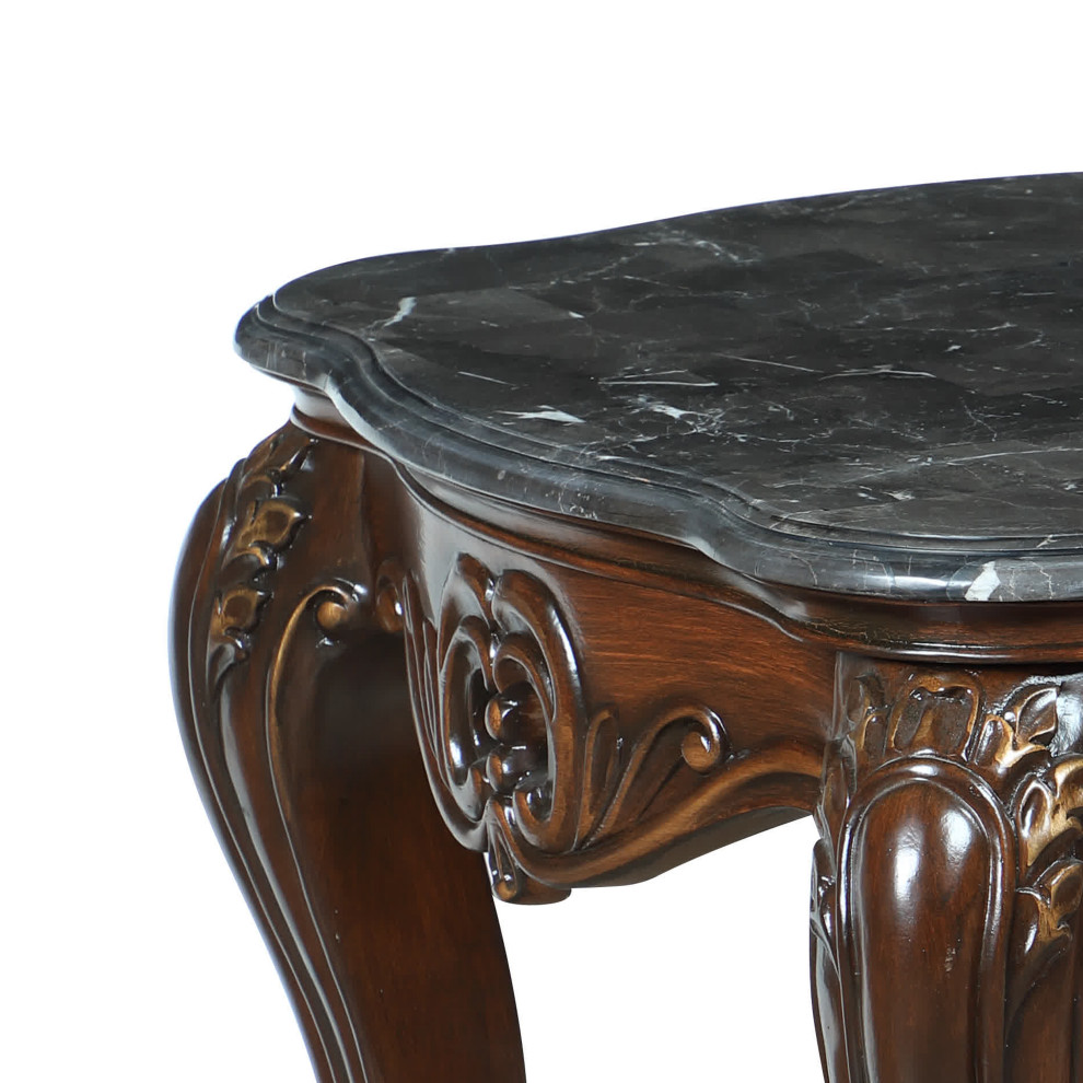 Wooden End Table with Marble Top and Floral Engravings  Brown and Black   Victorian   Side Tables And End Tables   by VirVentures  Houzz