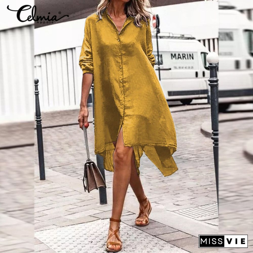 Celmia Women Cotton Long Sleeve Shirt Dress Fashion Irregular Split Hem Party Long Dress Vestidos Plus Size