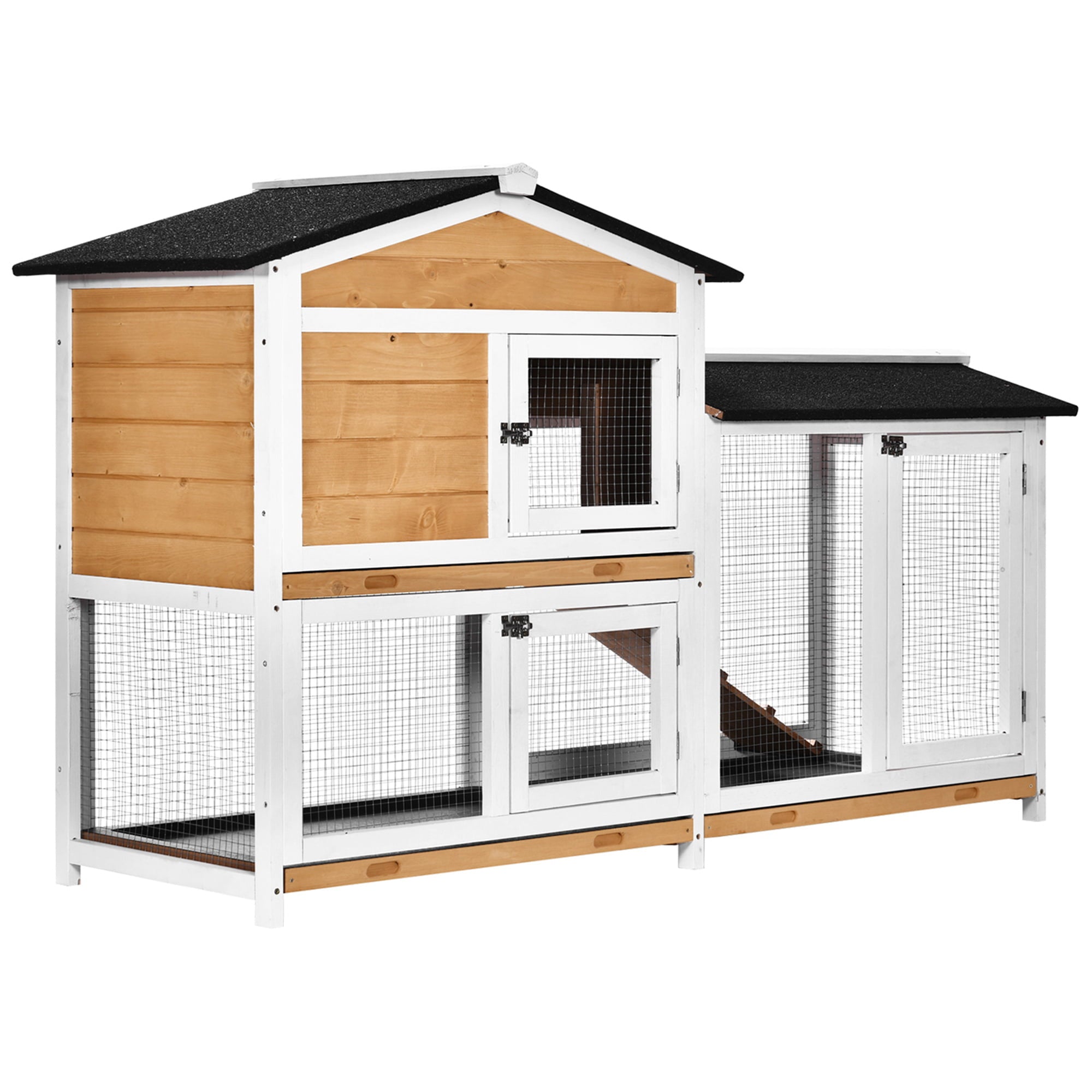 PawHut 2-tier Wood Backyard Bunny Cage Small Animal House w/RampandOutdoor Run