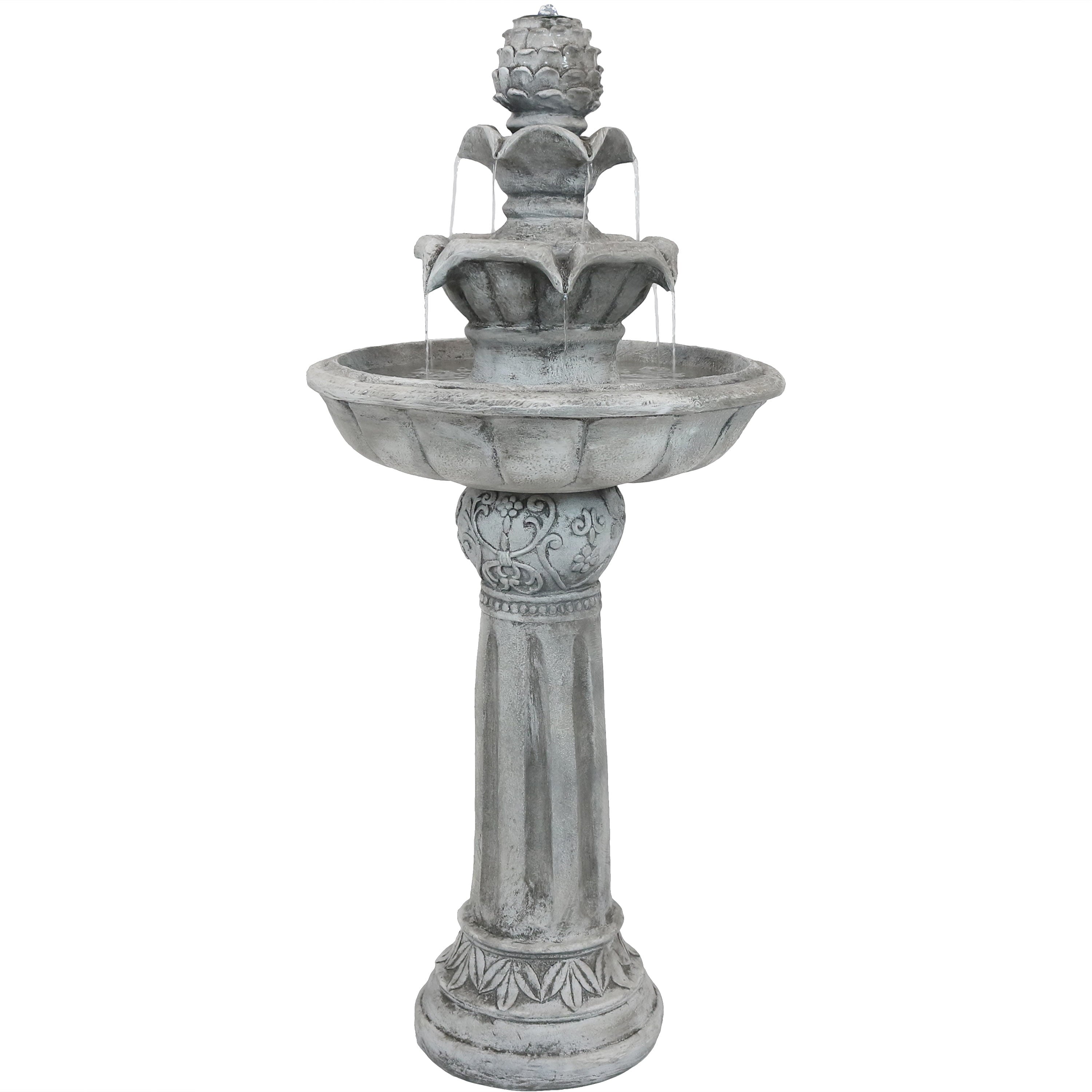 Sunnydaze Outdoor Solar Powered Ornate Elegance Tiered Water Fountain with Battery Backup and LED Light - 41