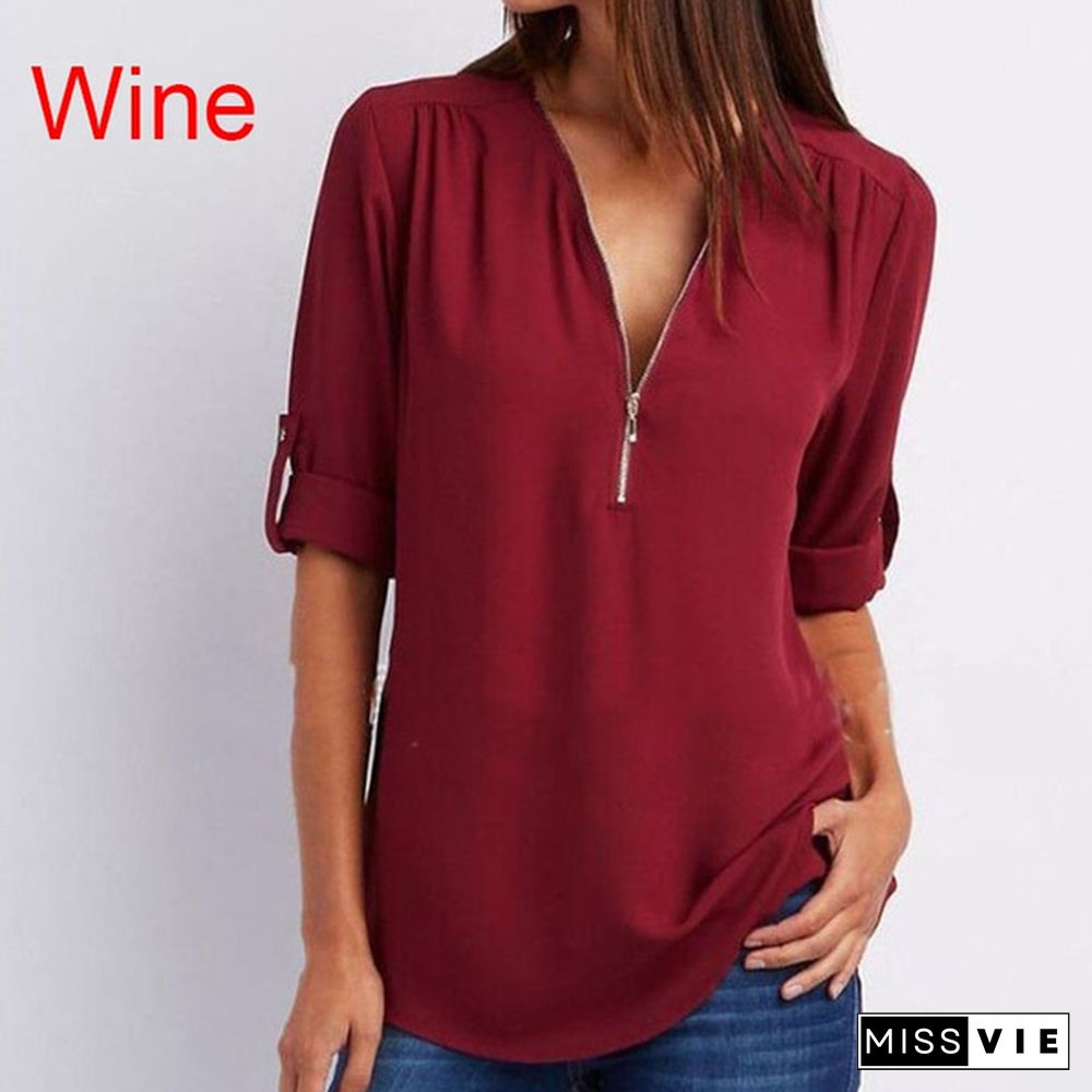 Plus Size Women's Fashion Chiffon Shirt V-neck Long Sleeve Loose Tops Zipper T-Shirt( S-4XL)