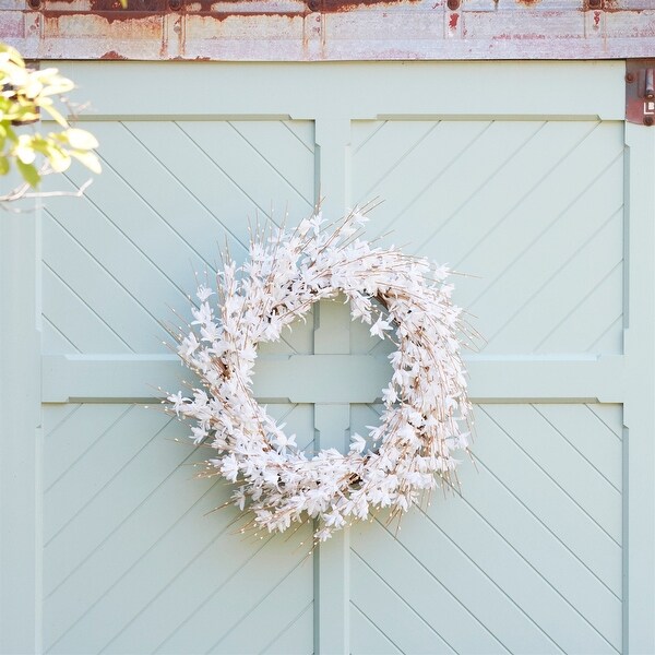 White Blossom Twig Spring Floral Wreath，25Inch