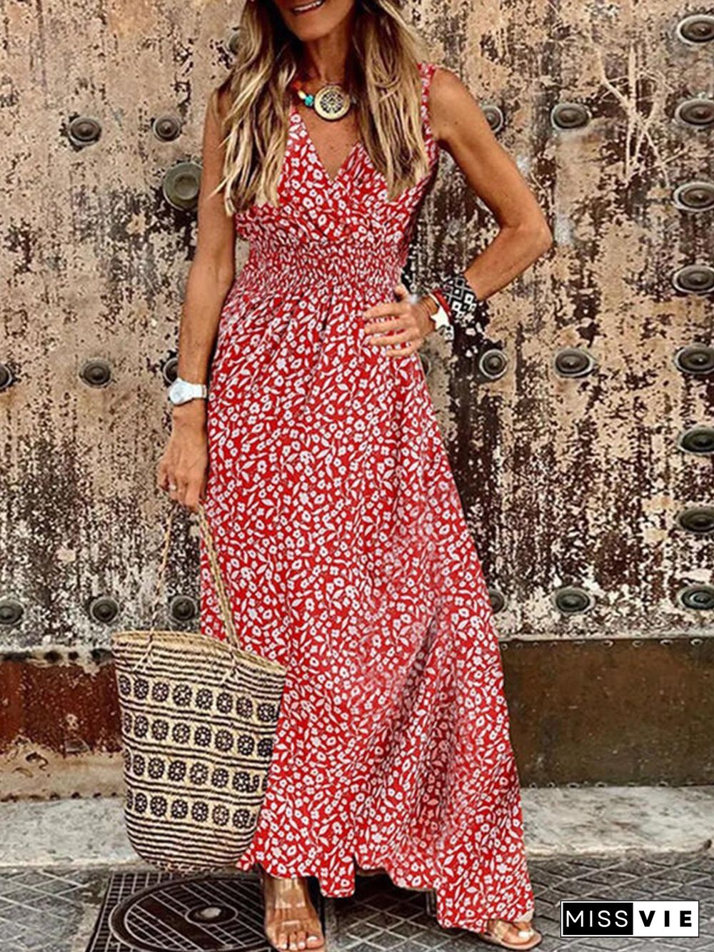 Floral Boho V Neck Vacation A-Line Dresses