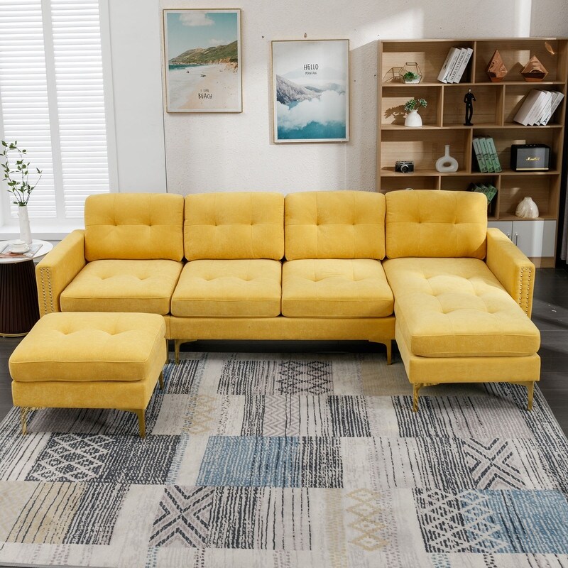 Convertible Sectional Sofa U Shaped Sectional Couch with Ottomans Yellow   Sectional Sofa