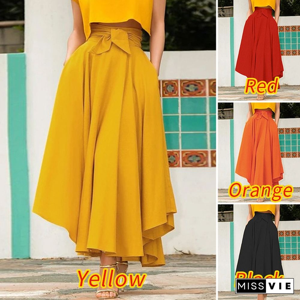 Women Summer High Waist Solid Color Swing Dress Plus Size Long Skirts