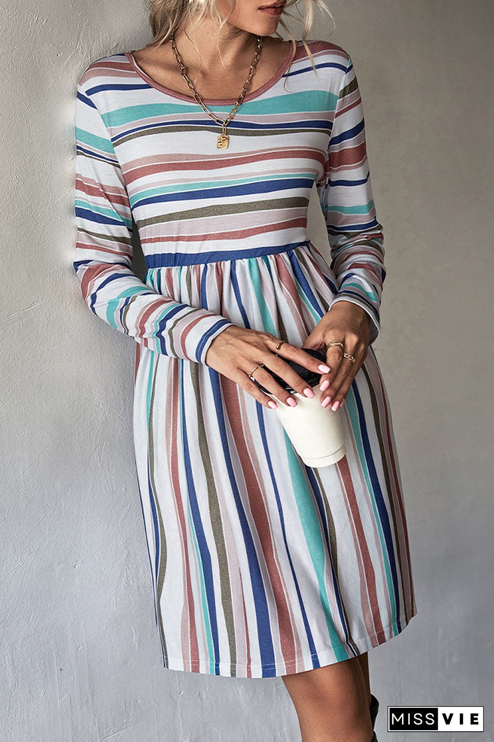 Color Block Stripes Long Sleeves Dress