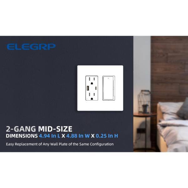 ELEGRP 2-Gang Midsize Screwless DecoratorRocker Wall Plate White (5-Pack) 3032GM-WH5